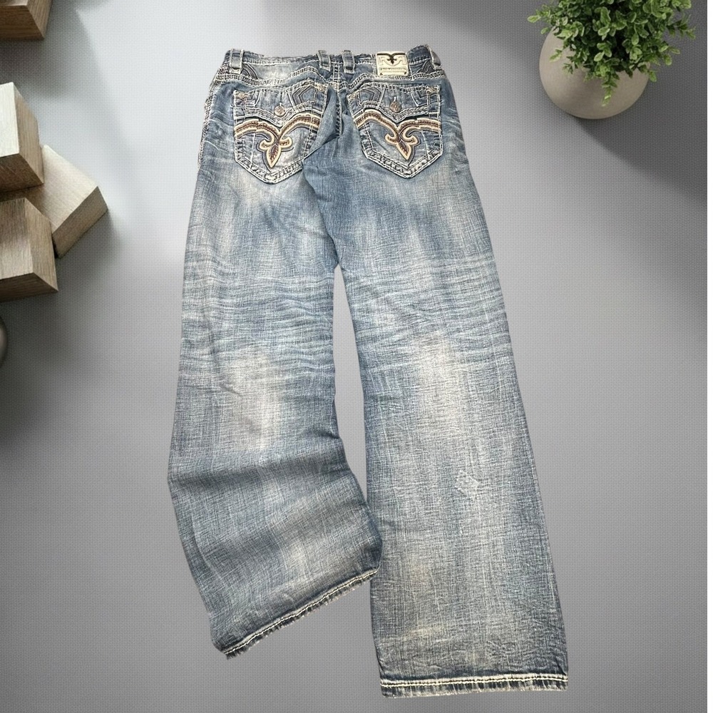 Rock Revival Josue Bootcut Jeans Mens 34 Blue Distressed Y2K Skater Grunge